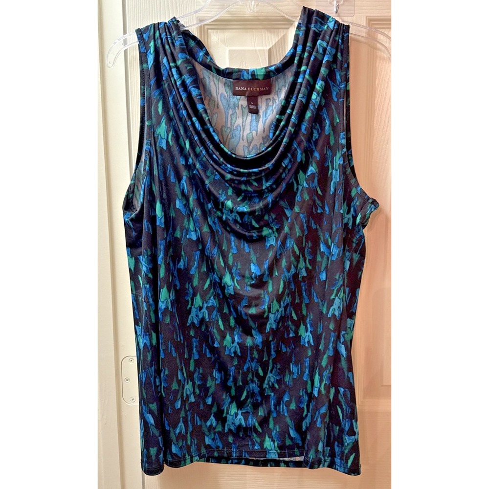 Dana Buchman Womens Sleeveless Cowl Neck Blouse Teal Blue Multicolor Large